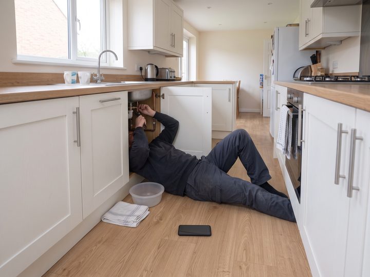 A plumber under a kitchen sink working on copper pipes