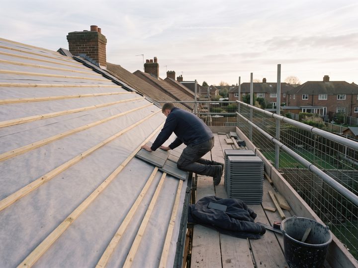 A roofer on a long scaffold run fixing roof tiles along a terrace